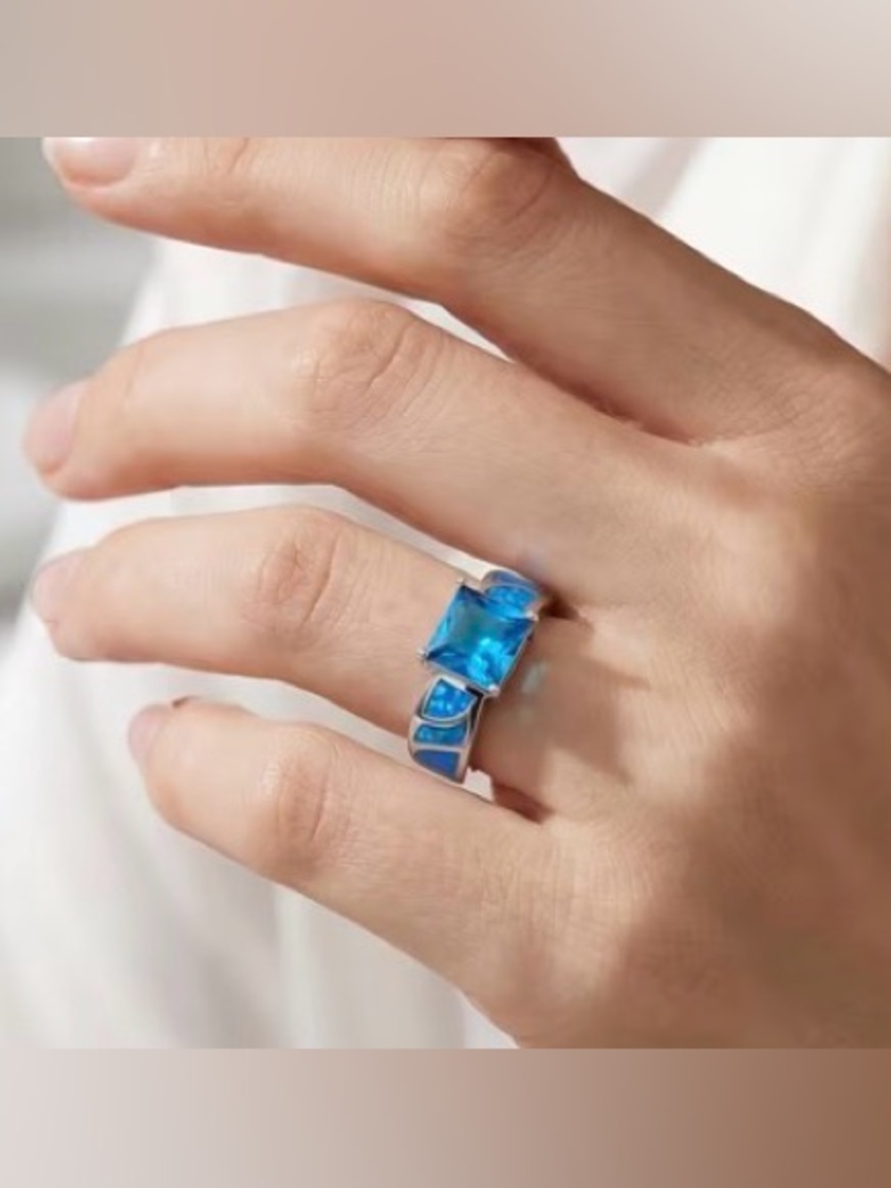 Blue CZ Square-Cut and Blue Opal Ring - Picture 2 of 13